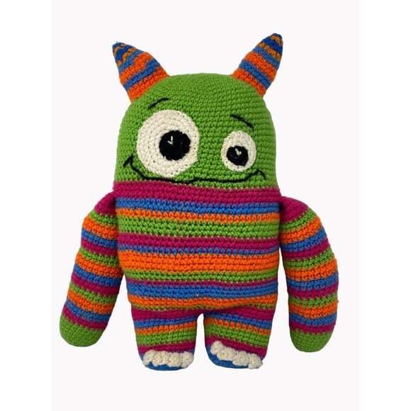 Hand knitted plush alien Pride Rainbow body with horns 17"